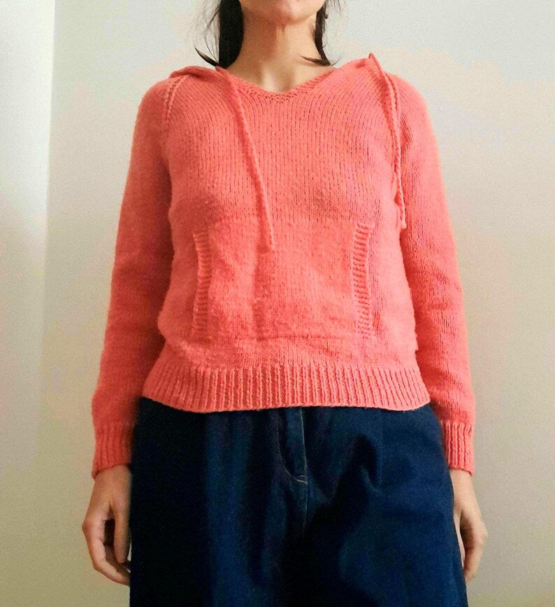 Vintage Y2K Pink Handknitted Drawstring Hooded Jumper