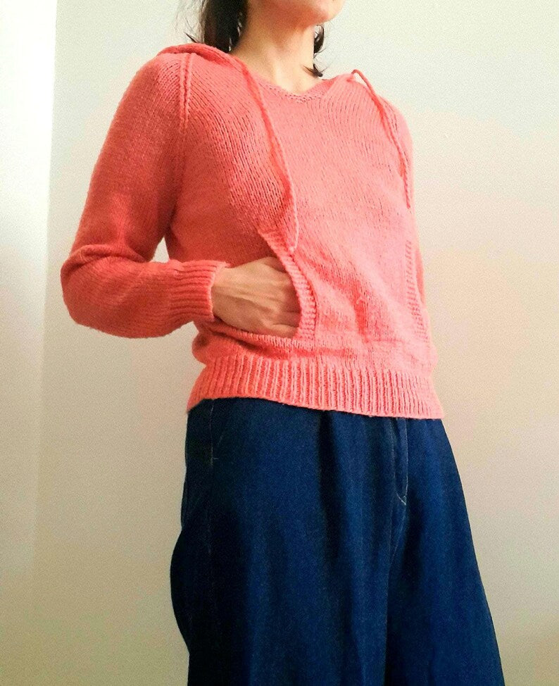 Vintage Y2K Pink Handknitted Drawstring Hooded Jumper