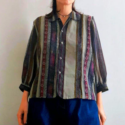 Vintage 90s High Sense Flower Stripe Chiffon Blouse