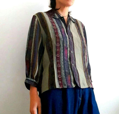 Vintage 90s High Sense Flower Stripe Chiffon Blouse