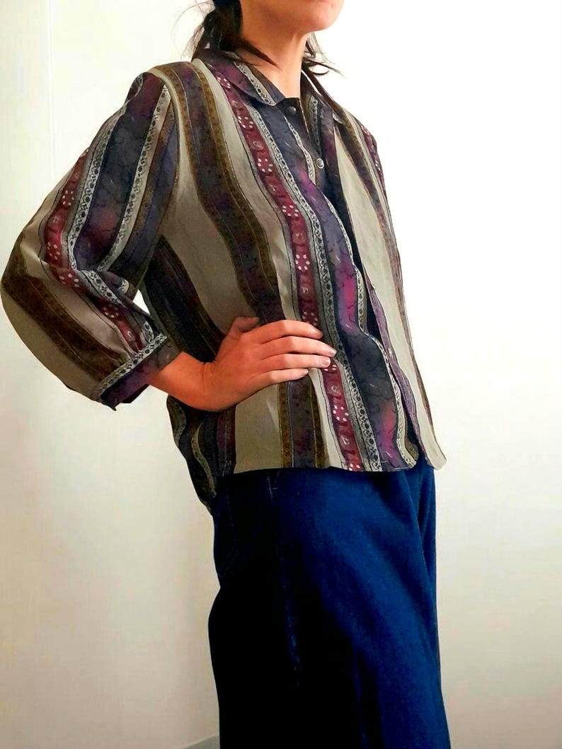 Vintage 90s High Sense Flower Stripe Chiffon Blouse