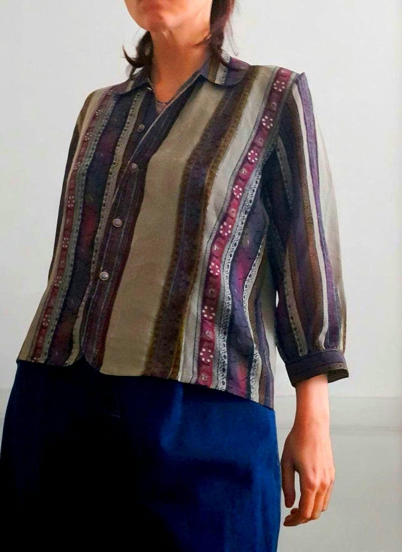 Vintage 90s High Sense Flower Stripe Chiffon Blouse