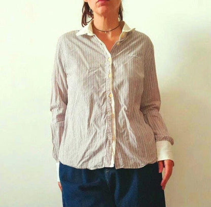 Vintage BURBERRY LONDON Pink White Pinstripe Cotton Slim Fit Designer Blouse