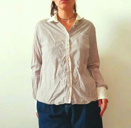 Vintage BURBERRY LONDON Pink White Pinstripe Cotton Slim Fit Designer Blouse