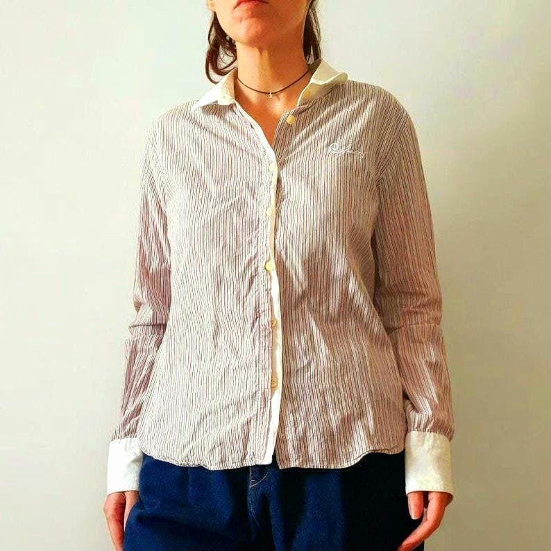 Vintage BURBERRY LONDON Pink White Pinstripe Cotton Slim Fit Designer Blouse