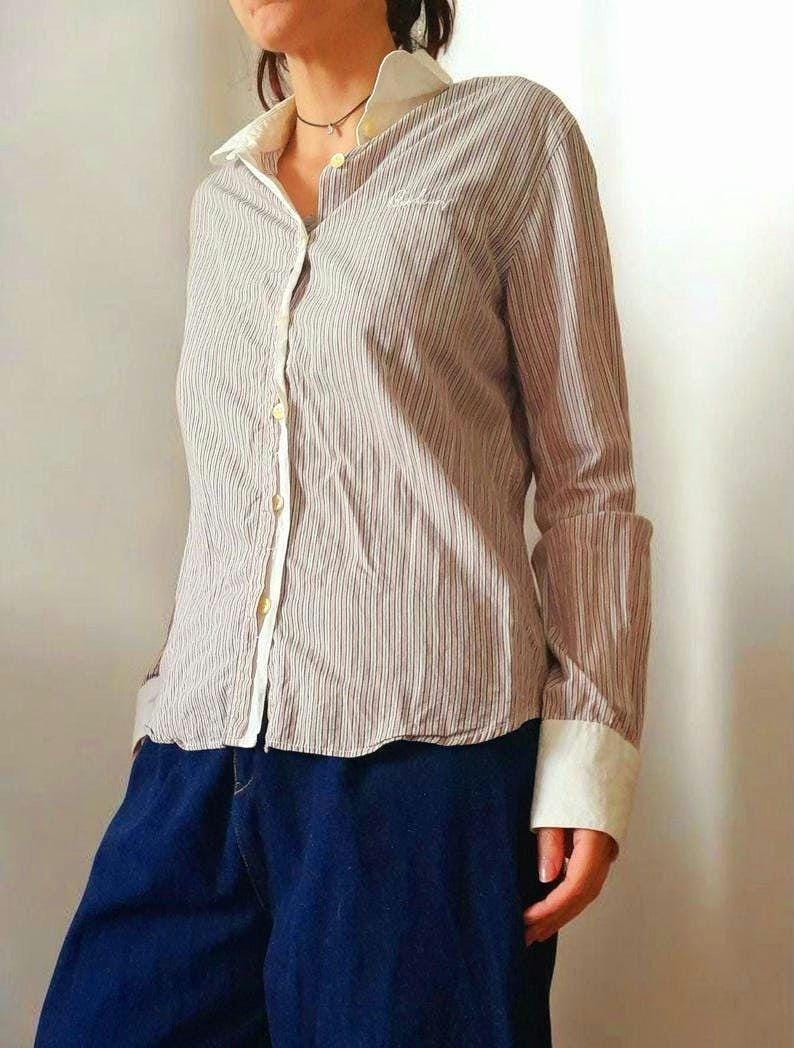 Vintage BURBERRY LONDON Pink White Pinstripe Cotton Slim Fit Designer Blouse