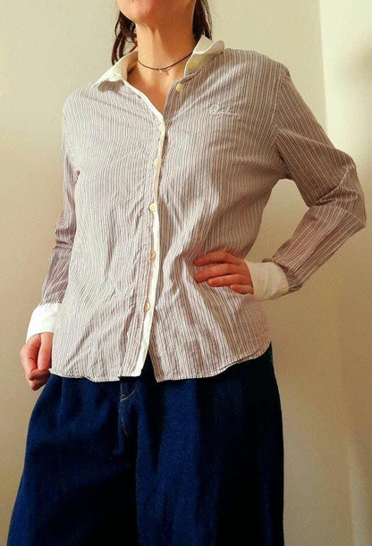 Vintage BURBERRY LONDON Pink White Pinstripe Cotton Slim Fit Designer Blouse