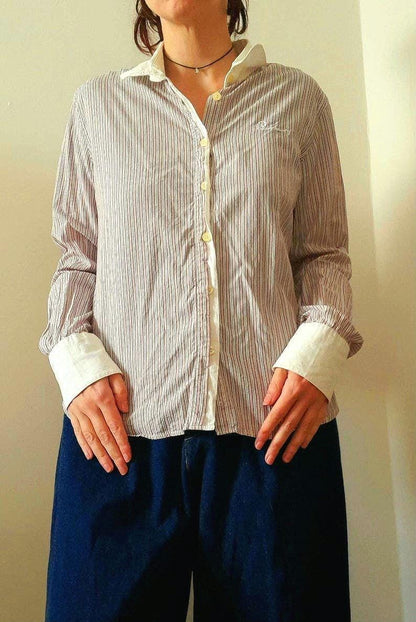 Vintage BURBERRY LONDON Pink White Pinstripe Cotton Slim Fit Designer Blouse