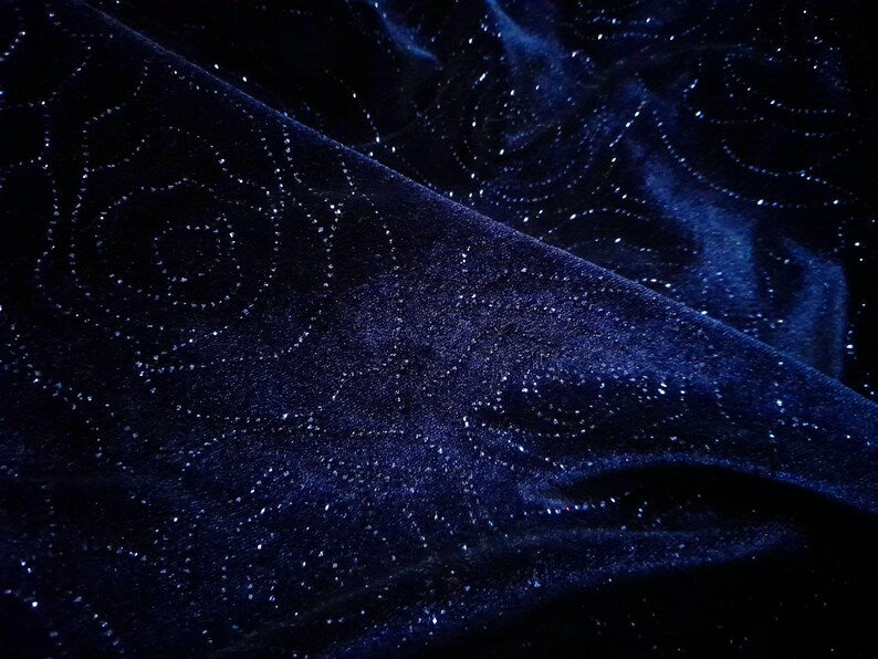 Vintage 90s CANDA C&A Deep Blue Sparkly Rose Print Velvet Tunic Style Top