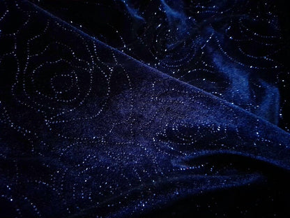 Vintage 90s CANDA C&A Deep Blue Sparkly Rose Print Velvet Tunic Style Top