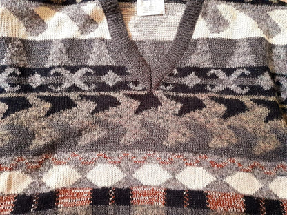 Vintage 90s WINGS Grey Black Brown Cream Geometric Aztec Knit V Neck Mens Unisex Jumper