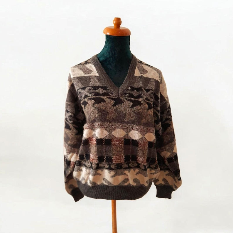 Vintage 90s WINGS Grey Black Brown Cream Geometric Aztec Knit V Neck Mens Unisex Jumper