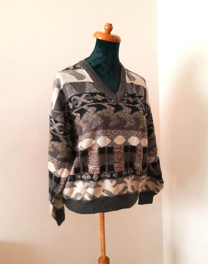Vintage 90s WINGS Grey Black Brown Cream Geometric Aztec Knit V Neck Mens Unisex Jumper