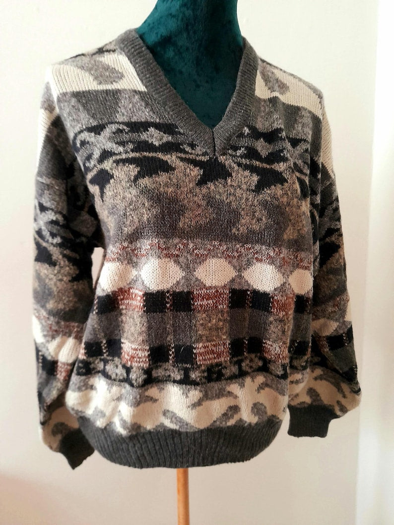 Vintage 90s WINGS Grey Black Brown Cream Geometric Aztec Knit V Neck Mens Unisex Jumper