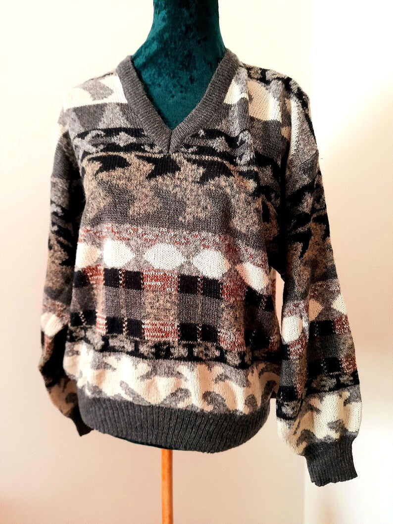 Vintage 90s WINGS Grey Black Brown Cream Geometric Aztec Knit V Neck Mens Unisex Jumper