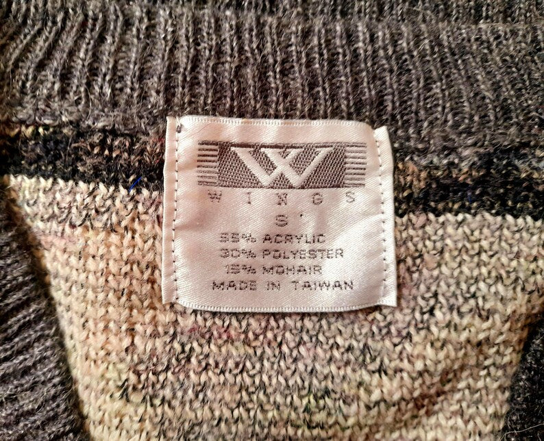 Vintage 90s WINGS Grey Black Brown Cream Geometric Aztec Knit V Neck Mens Unisex Jumper