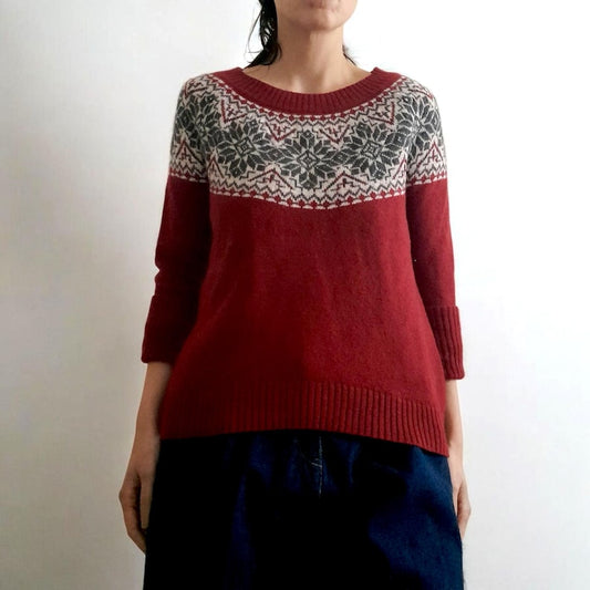 Vintage Y2K Willi Smith Red Cream Grey Fairisle knit Quarter Sleeve Jumper