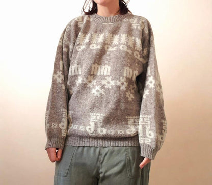 Vintage 80s Winch Oatmeal Grey Cream Geometric Aztec Knit Wool Blend Jumper
