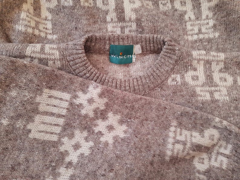 Vintage 80s Winch Oatmeal Grey Cream Geometric Aztec Knit Wool Blend Jumper