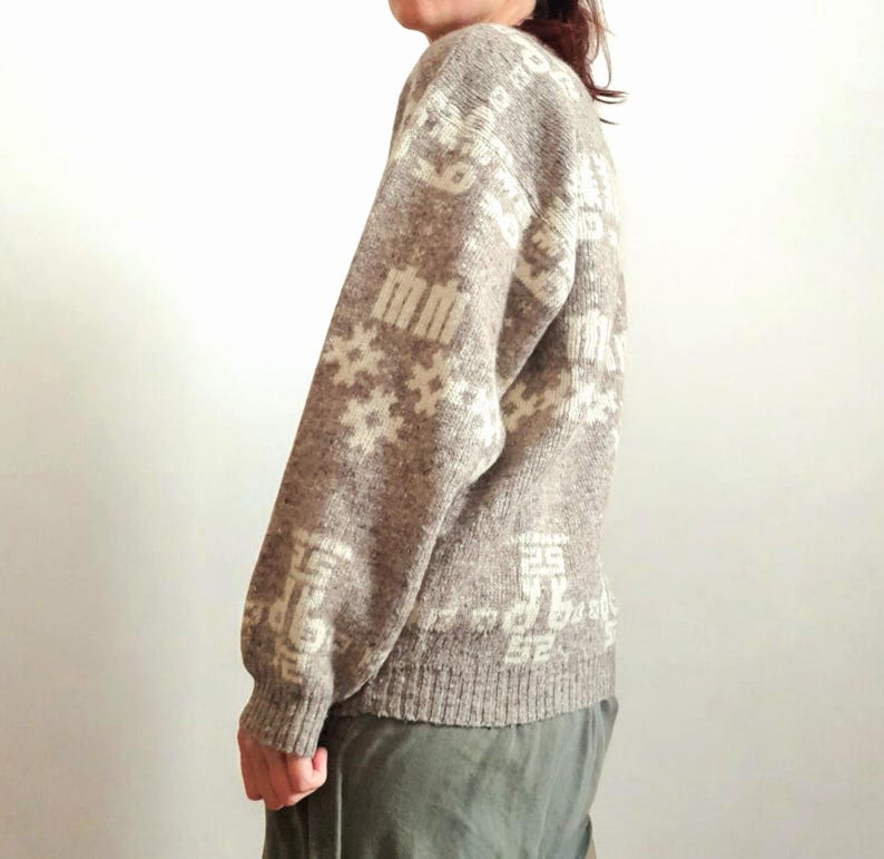 Vintage 80s Winch Oatmeal Grey Cream Geometric Aztec Knit Wool Blend Jumper