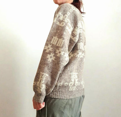 Vintage 80s Winch Oatmeal Grey Cream Geometric Aztec Knit Wool Blend Jumper