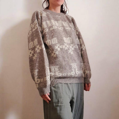 Vintage 80s Winch Oatmeal Grey Cream Geometric Aztec Knit Wool Blend Jumper