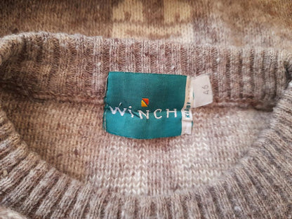Vintage 80s Winch Oatmeal Grey Cream Geometric Aztec Knit Wool Blend Jumper