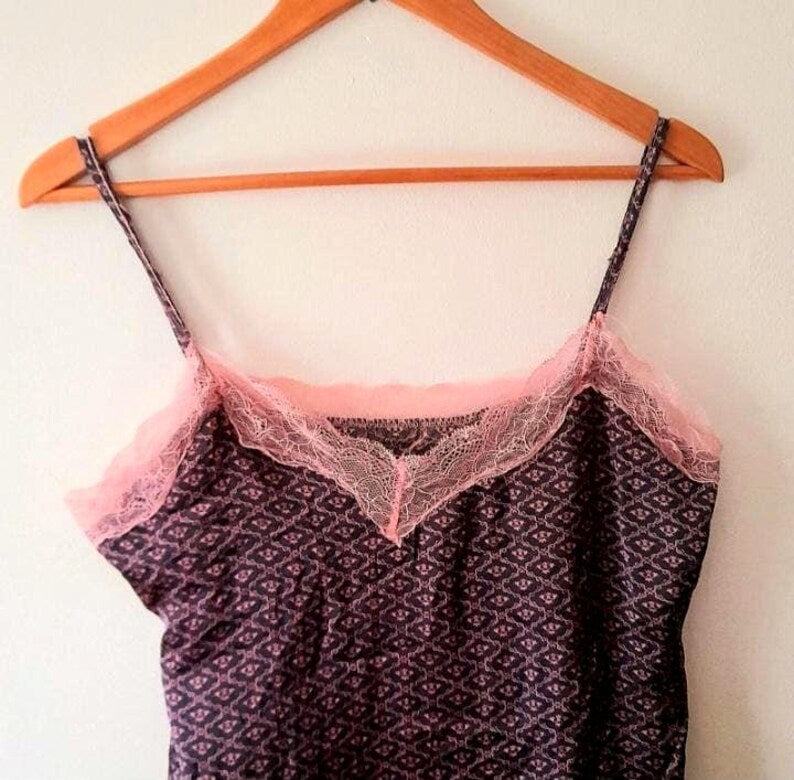 Black Pink Floral Diamond Print Vintage Y2K Fancy Satin Lace Camisole Top