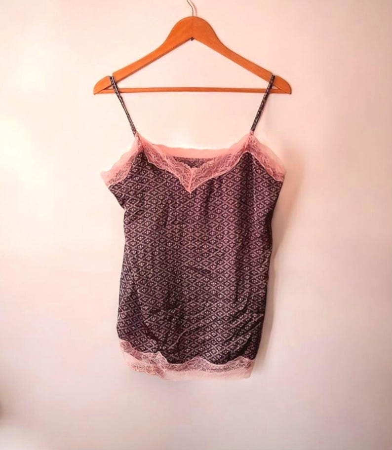 Black Pink Floral Diamond Print Vintage Y2K Fancy Satin Lace Camisole Top