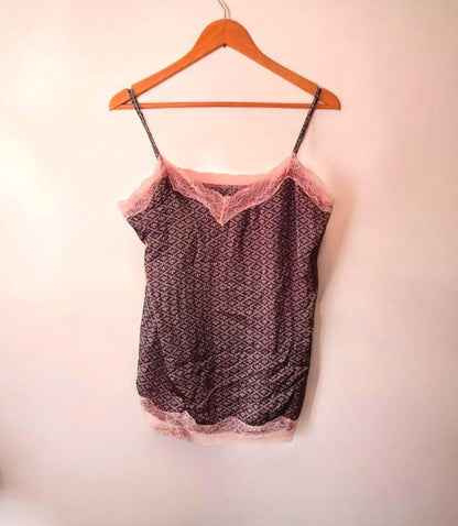 Black Pink Floral Diamond Print Vintage Y2K Fancy Satin Lace Camisole Top