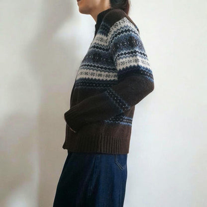 Vintage CAROLYN TAYLOR Brown White Blue Fairisle Knit Zip Up Cardigan