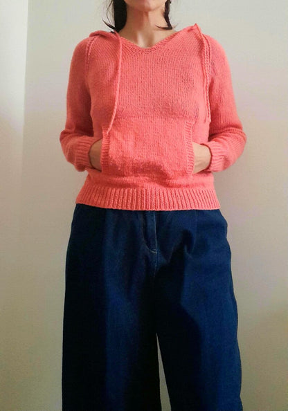 Vintage Y2K Pink Handknitted Drawstring Hooded Jumper