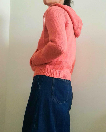 Vintage Y2K Pink Handknitted Drawstring Hooded Jumper