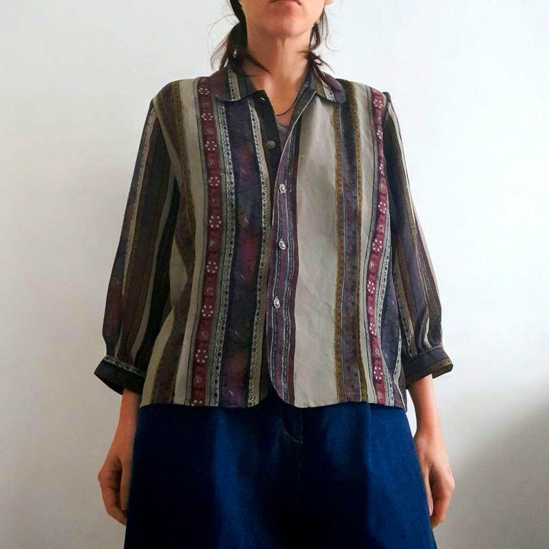 Vintage 90s High Sense Flower Stripe Chiffon Blouse