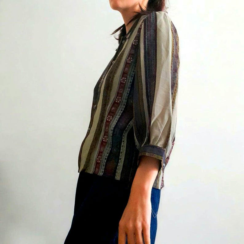 Vintage 90s High Sense Flower Stripe Chiffon Blouse