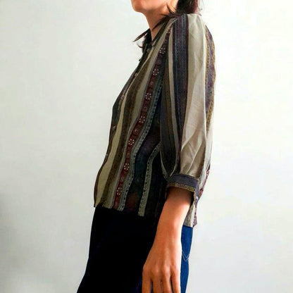 Vintage 90s High Sense Flower Stripe Chiffon Blouse