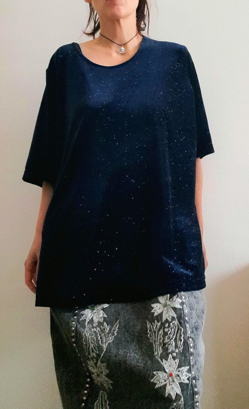 Vintage 90s CANDA C&A Deep Blue Sparkly Rose Print Velvet Tunic Style Top
