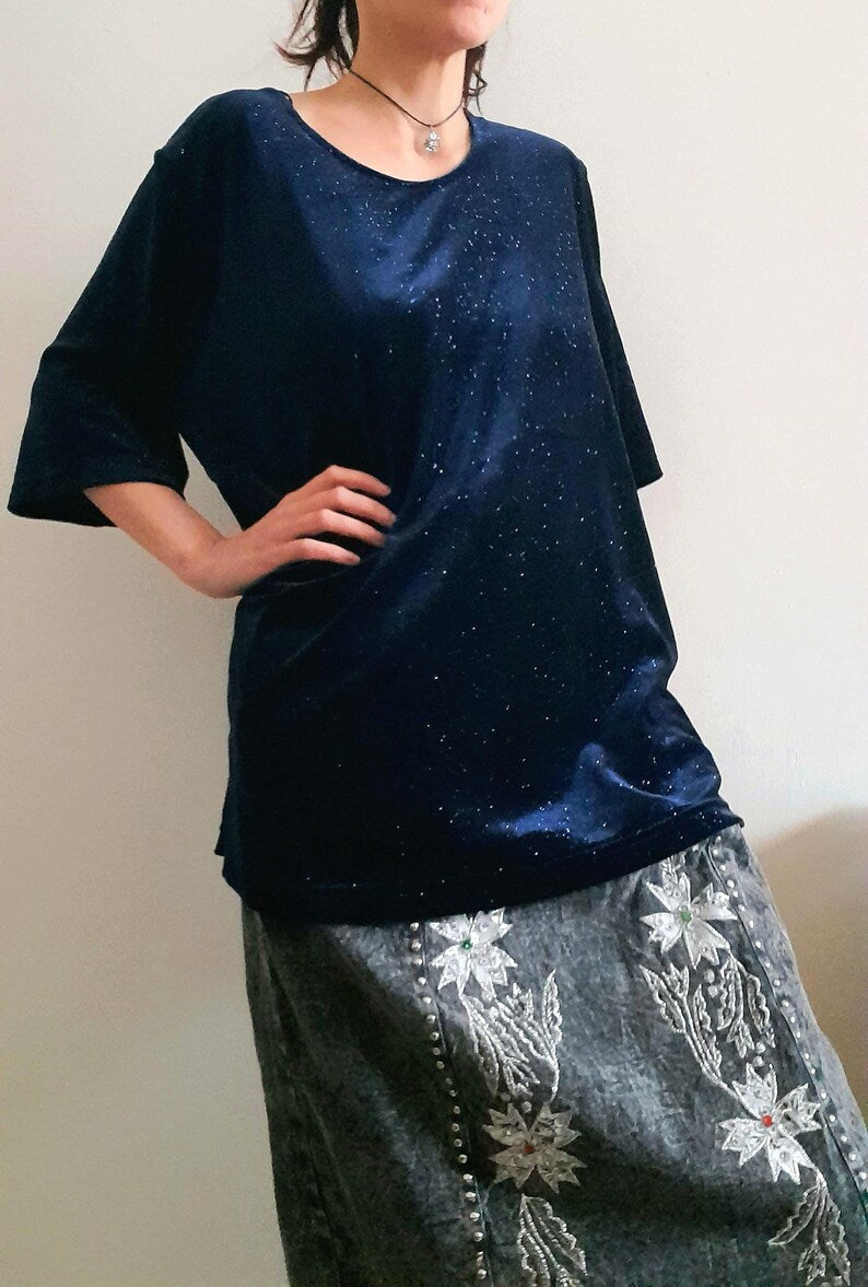 Vintage 90s CANDA C&A Deep Blue Sparkly Rose Print Velvet Tunic Style Top