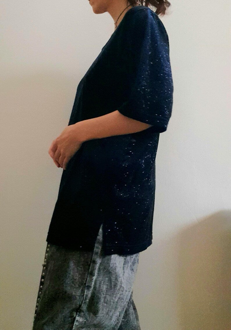 Vintage 90s CANDA C&A Deep Blue Sparkly Rose Print Velvet Tunic Style Top