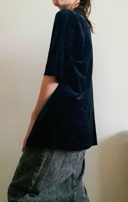 Vintage 90s CANDA C&A Deep Blue Sparkly Rose Print Velvet Tunic Style Top