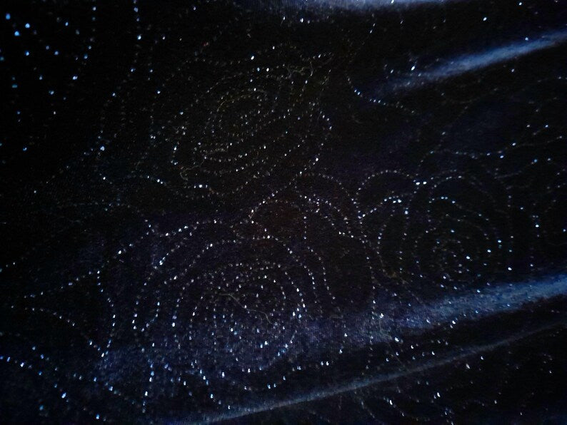 Vintage 90s CANDA C&A Deep Blue Sparkly Rose Print Velvet Tunic Style Top