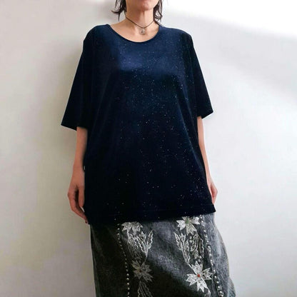 Vintage 90s CANDA C&A Deep Blue Sparkly Rose Print Velvet Tunic Style Top