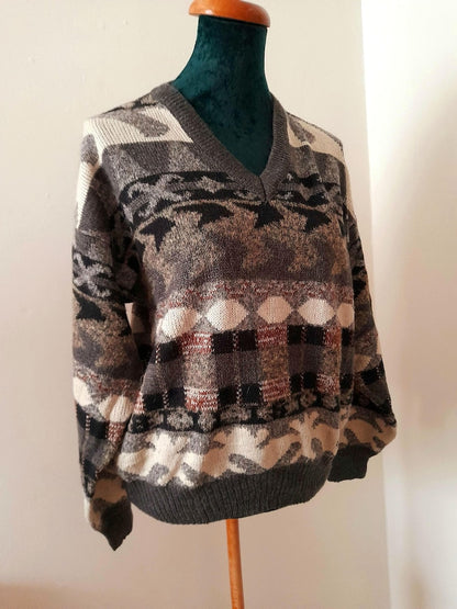 Vintage 90s WINGS Grey Black Brown Cream Geometric Aztec Knit V Neck Mens Unisex Jumper