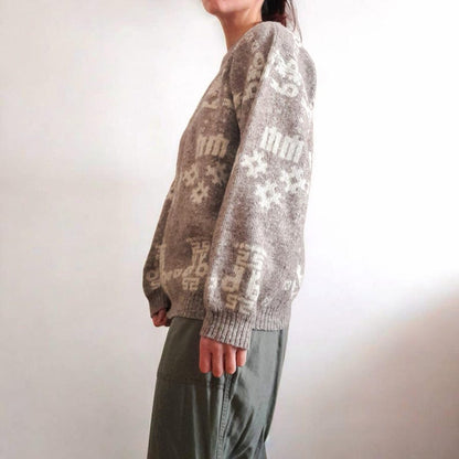 Vintage 80s Winch Oatmeal Grey Cream Geometric Aztec Knit Wool Blend Jumper