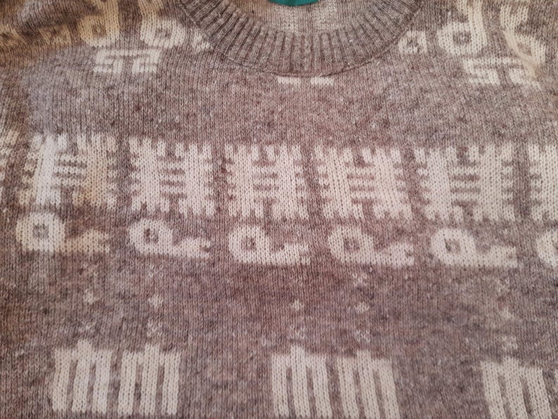 Vintage 80s Winch Oatmeal Grey Cream Geometric Aztec Knit Wool Blend Jumper