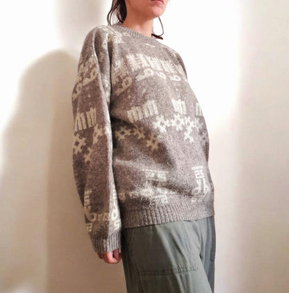 Vintage 80s Winch Oatmeal Grey Cream Geometric Aztec Knit Wool Blend Jumper