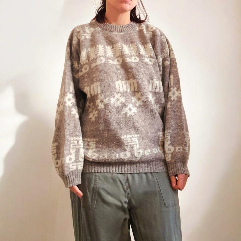 Vintage 80s Winch Oatmeal Grey Cream Geometric Aztec Knit Wool Blend Jumper
