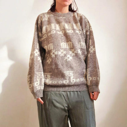 Vintage 80s Winch Oatmeal Grey Cream Geometric Aztec Knit Wool Blend Jumper