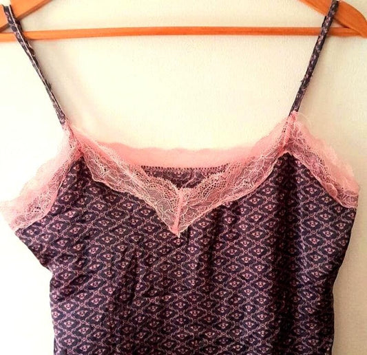 Black Pink Floral Diamond Print Vintage Y2K Fancy Satin Lace Camisole Top