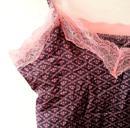 Black Pink Floral Diamond Print Vintage Y2K Fancy Satin Lace Camisole Top